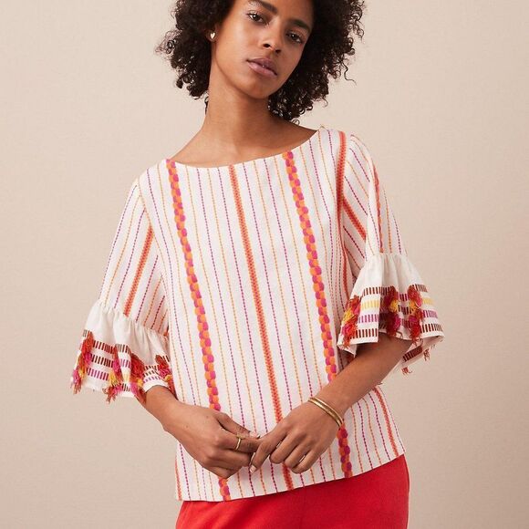 LOFT Lou & Grey Striped Embroidered Fringe Ruffle Top, NWT - Picture 1 of 4